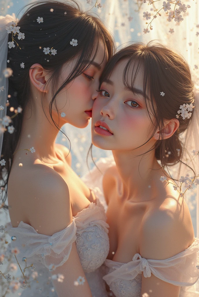 White Background、Professional Lighting、(((Professional Lighting 1.5)))、Translucent skin texture、Beautiful Skin、Beautiful Skin、、Off the shoulder、White Dress、See-through、fluttering feathers、Ecstasy of Musical Notes、Face close-up、(((Two Women)))、(((They are sisters..5))),
