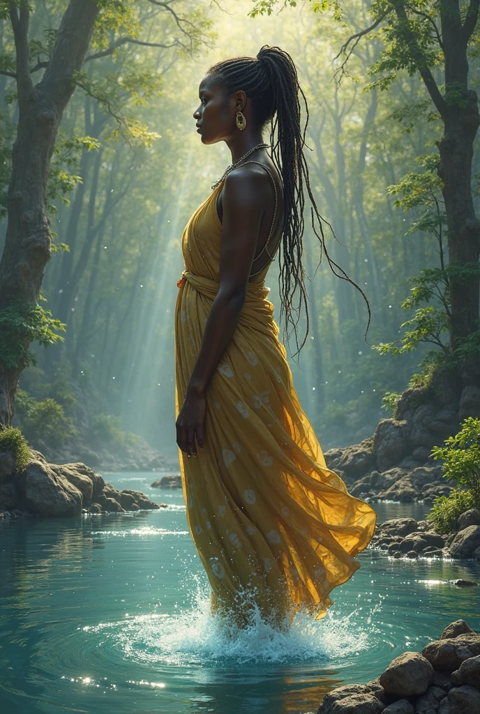 Powerful  feminine black Godess without any clothes on showing the bottom of her feet on a beautiful realistic landscape