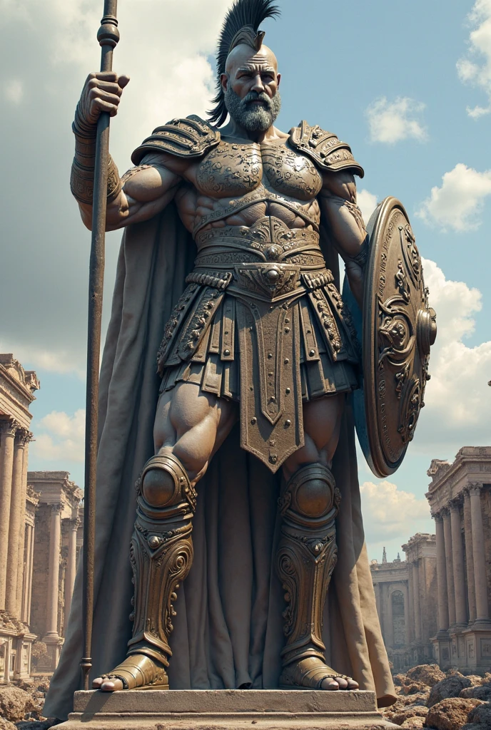 (medium full shot) of (imposing obsidian statue) standing tall, , with roman centurion armor, shield, located in a historic park, with ancient trees, winding paths, historic statues, serene ponds, rustic benches, at dawn, ,Masterpiece,best quality, raw photo, realistic, very aesthetic, dark