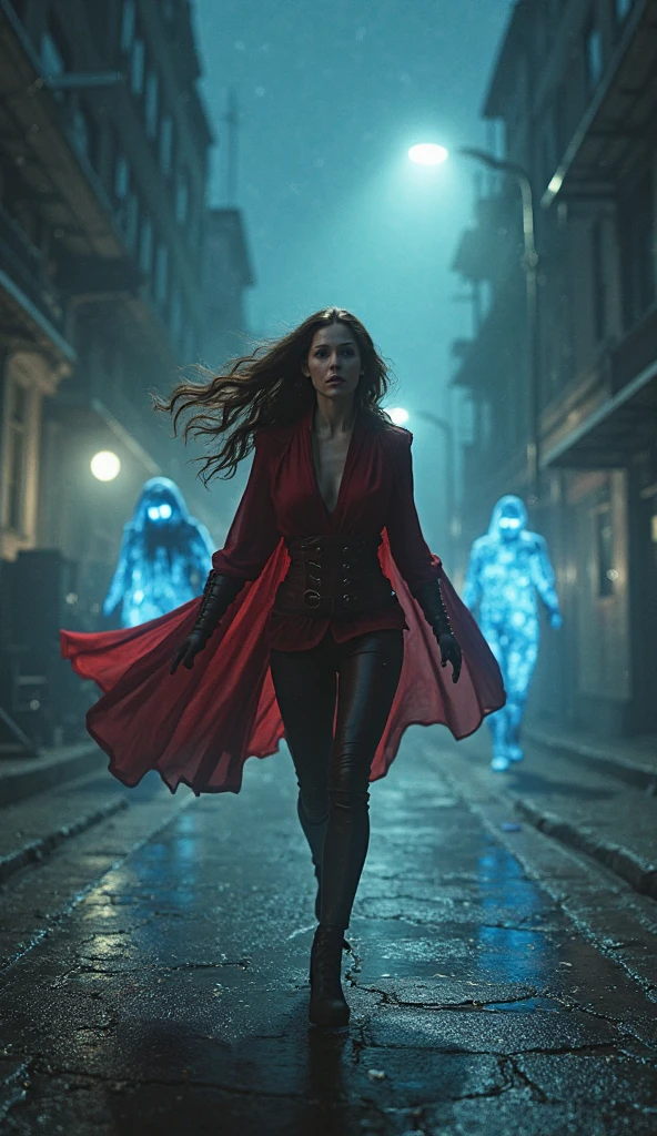 Generate image of woman, long wavy black hair, black high neck dress, blue eyes, Red lips, red light coming out of it, in a snowy pine forest, Muscle man, With a suit, medium black hair, black light coming out of it, In the background a hooded man dressed in black with his face covered