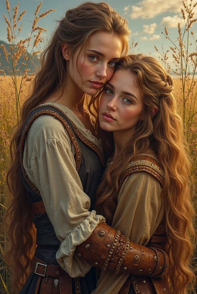 masterpiece, sadie sink and britney spears in one person, as rapunzel, sehr lange haare die bis zum boden reichen, topless, ultra detailed, ultra realistic, realistic skin, very detailed background, outdoor, scene from the fairy tale "Rapunzel", wearing a dress, steampunk style, braids