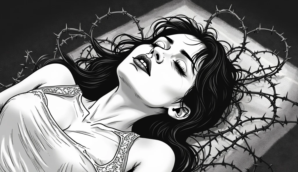 (pen ink illustration) of a woman laying on a bed made of dark liquid