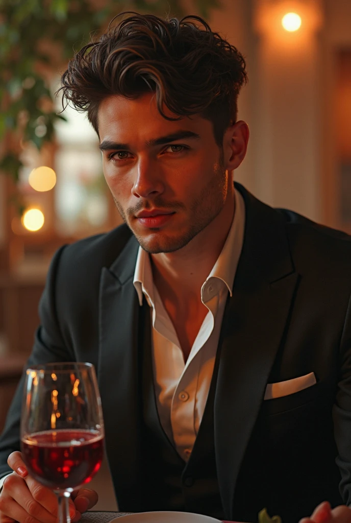 30 years old men in white sweater and black pants, sitting in the restaurant, glass of wine on the table, extremely masculine, brown hair (quiff), beard, direct look, calm face, extremely detailed, extremely detailed eyes body and face, cinematic, high quality, Nikon, ultrarealistic 8K, dark light