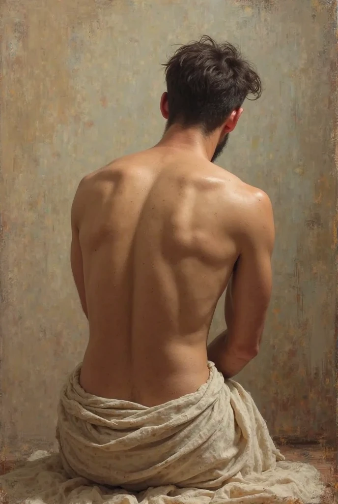 oil painting, oil on canvas, back view, brush stroke texture, chiaroscuro mood, Wolf Master, Youthful, Man, art by Andreas Achenbach, by Frank Frazetta, intricate details, extremely detailed, dreamy, artistic interpretation, concept art, handsome man, chest, abs, slim waist, bare ass, full body, oil paint, masterpiece