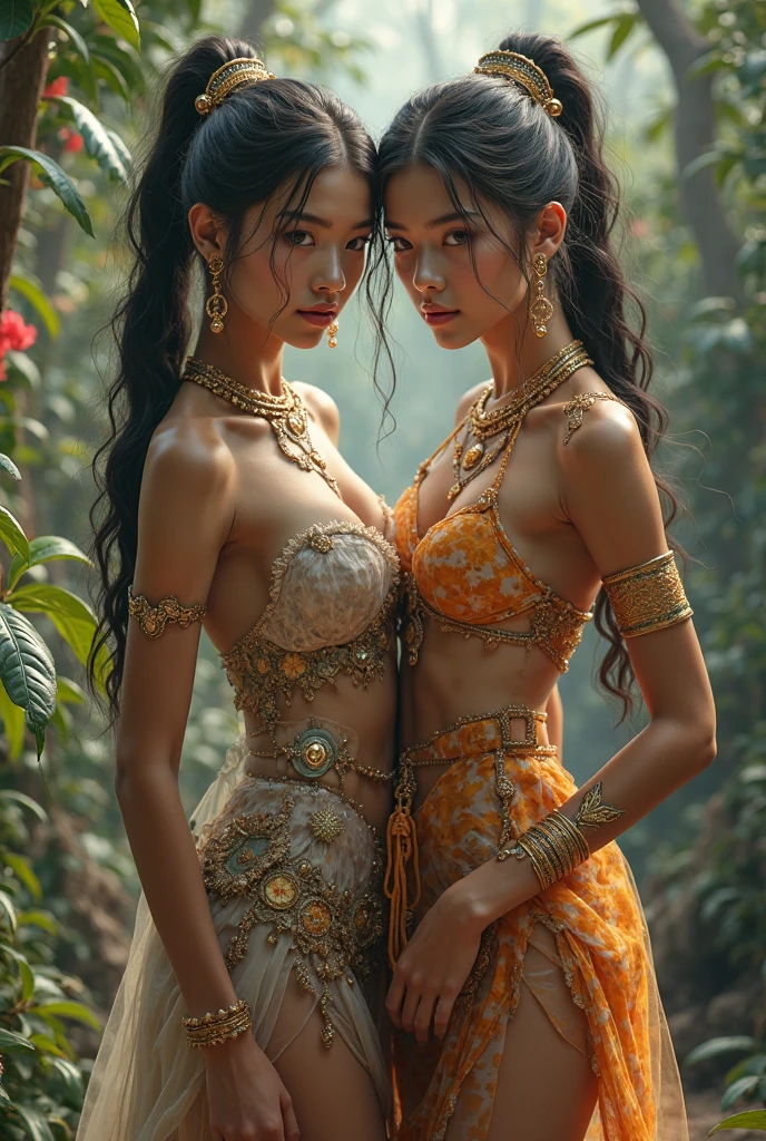 ((realistic:1.5)),((best quality)), ((masterpiece)),((detailed)),2girls,duo,{2 beautiful female}, (upper body:1.3),hugging and touching each other, teasing her friend's waist, gasping friend, biting her friend's ear lobe, squatting,super-wide-angle lens,face focus,long legs,curvy, barefoot, medium breasts, open cleavage,long black hair,floting hair,long eyelashes, (detailed face,beautiful eye, detailed pupilss,detailed clothes features, clear background:1.3), (Bindi,Jhumkas:1.3),mysterious ancient ruin, lush forests, deep canyons,bridge,river,cliff,cloud,lakes,rock,waterfalls, flowers, grass,vine,tree,bright details,sharp,perfect composistion, Intricate, Sharp focus, dramatic,