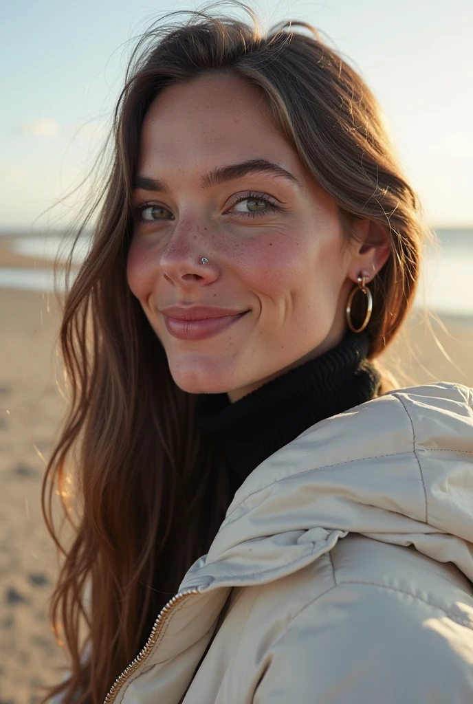 super high resolution (from above shot:1.3) photo close-up of milli3 woman with long dark hair styled in a ponytail smiling,eyeshadow and lipstick, at beach while looking at camera,wearing sweater,(highly detailed skin:1.2),(pores:1.2),(sweaty skin:1.3),gloomy,volumetric lighting,sunrise,(surreal dramatic lighting shadow)