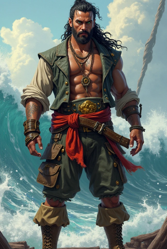 An RPG character who is a black pirate, 3 and 1 meter tall.,78 muscoloso com dreads