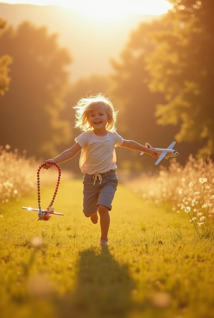 Generate a child girl running to her mom with a small toy helicopter