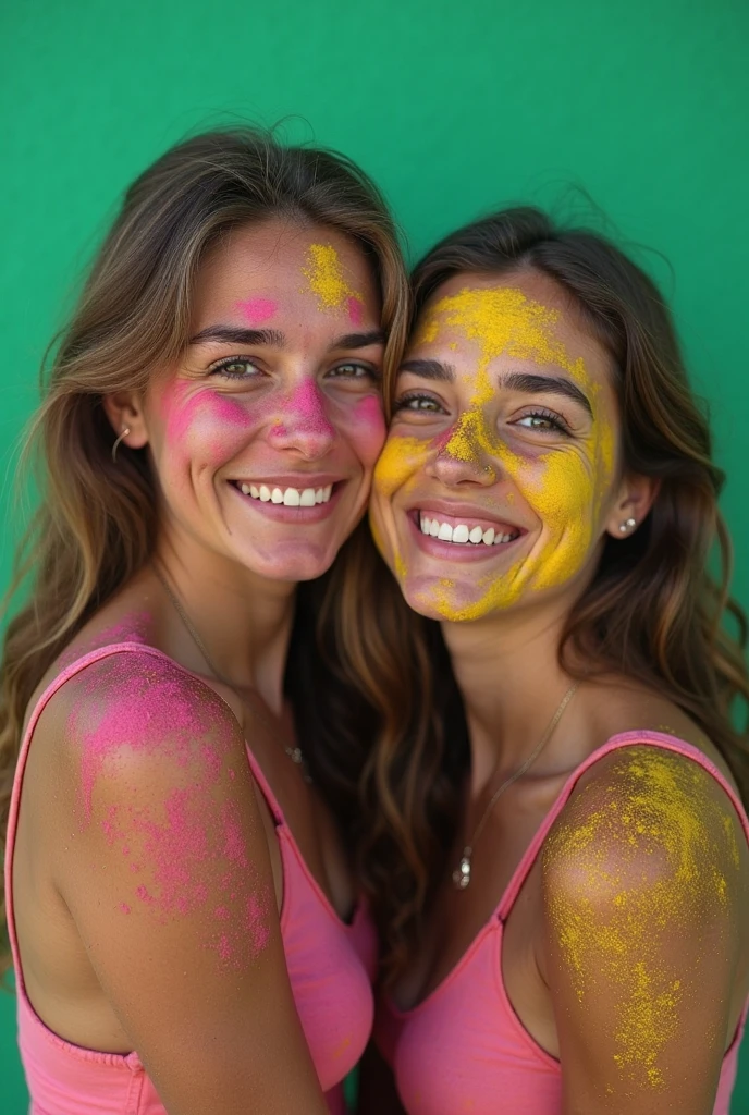 Nesta imagem, duas melhores amigas, Lily e Emily, They're having fun in a pool full of colorful paint. Com grandes sorrisos em seus rostos, eles alegremente jogam tinta um no outro, Creating a vibrant and artistic pool party scene.