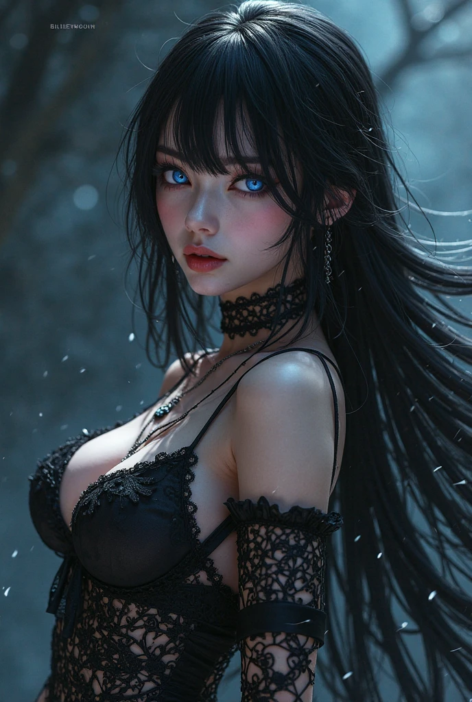 (high resolution, 8k, photorealistic, hyper detailed, masterpiece, exquisite, vivid colors, perfect composition, intricate details,Best Quality, 8K, Masterpiece: 1.2, Photorealistic: 1.37, HDR, UHD), a very shy magical beautiful girl with long dark black hair, piercing blue eyes. Dressed as an erotic ninja in a miniskirt, wielding a two-handed magic sword, scary diabolical world, (EXTREMELY HUGE BREASTS), wide neckline, image of a full-body woman.Description of extreme details, vivid and intense colors, vibrant colors, bright eye, Anime Image, Anime Drawing
