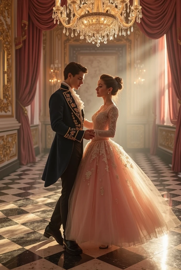 Two women in belly skirts on the carpet in front of the castle，One wears purple，The other wears gold，Full body like，（The two wore ornate jewelry：1.4），romanticism lain, two beautiful women in love, Classical beauty, Lace，ova，（A plump chest：1.2）,（slender figures：1.4），（Flat belly：1.4），jewelry,Rococo,elegant glamourous cosplay,elegant cinematic fantasy art,elegant glamourous cosplay, elegant cinematic fantasy art, Realistic painting, Public places,Transparent clothes,2girls,hug,Kiss,Gaze into each other's eyes,Full of tenderness conveyed silently,AOA,Damp,Chest contact，Blue pupils