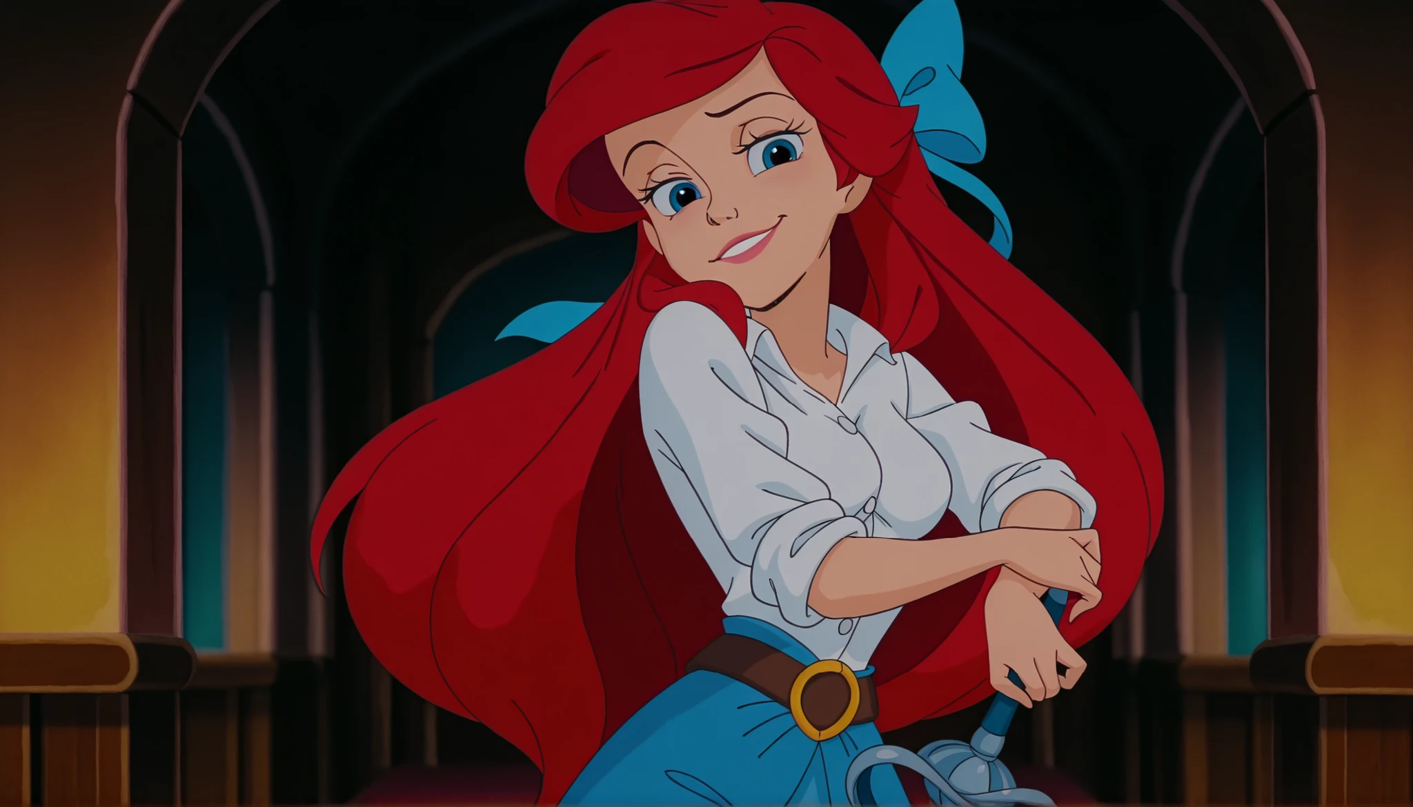 ariel as pirate captain, (anime screencap:1.2), blurry background,1girl, medium breasts, (ArielXL:1.1), long hair, red hair, blue eyes, white button down shirt, rolled sleeves, hair bow, belt, naughty face, smile, looking at viewer, proud pose, holding rapier on her shoulder