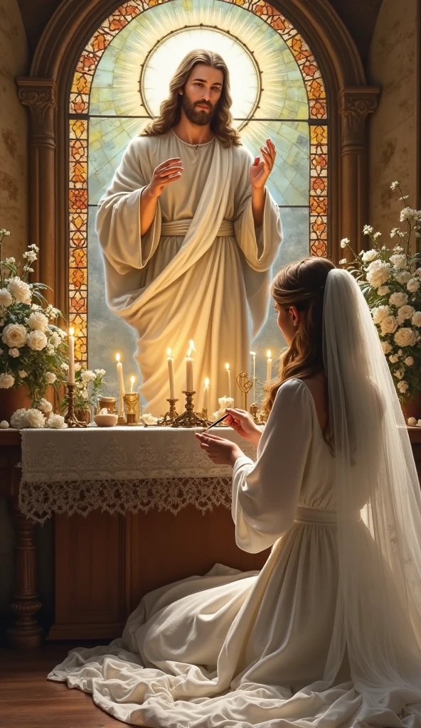 Make an image of the Virgin Mary interceding for the priest