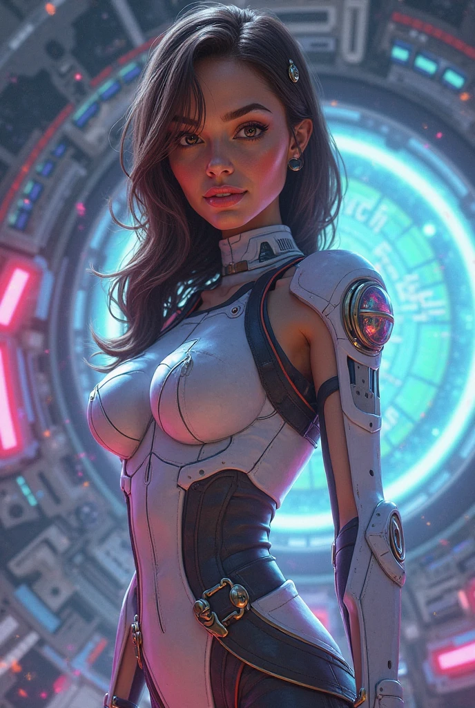 1girl, solo, masterpiece, high quality, high detail, 4k, colorful, volumetric lighting, subsurface scattering, beautiful woman, dark skin, skin tight suit, (unzipped:1.4), transparent, sitting down, huge ponytail, curly ponytail, sexy pose, seductive pose, spaceship setting, captains quarters, large windows, planets, stars, nebula