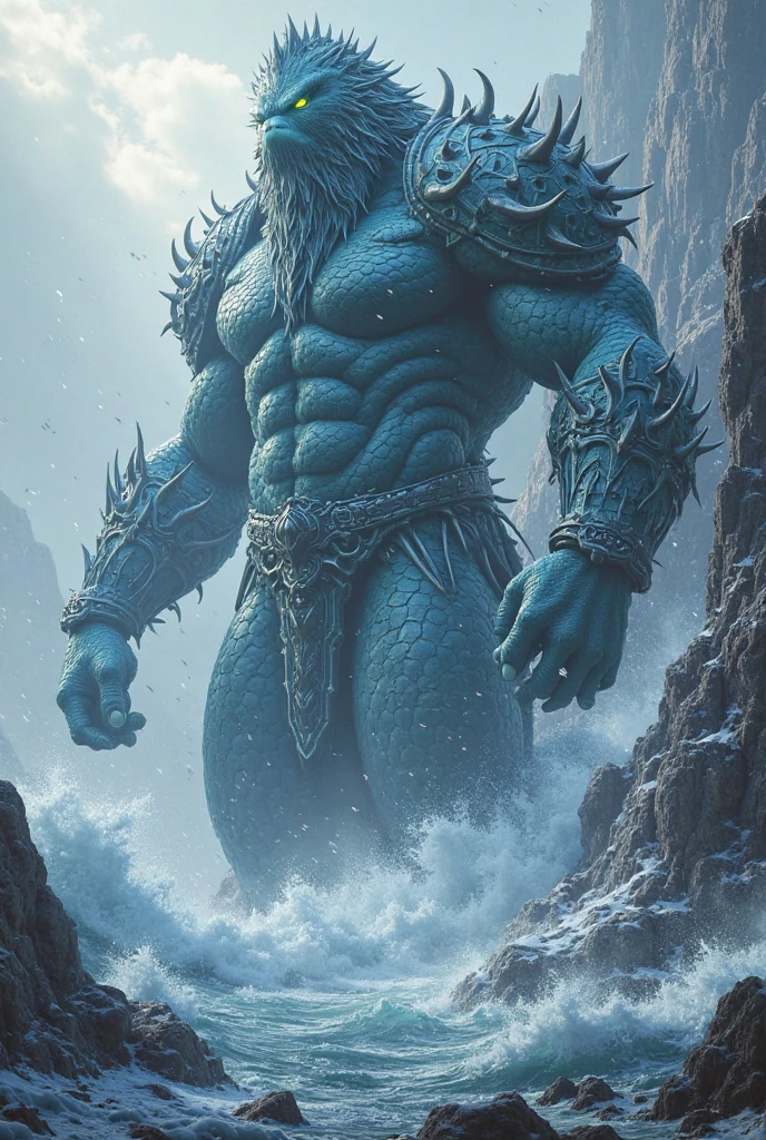 Half-body deep-sea behemoths surfaced,Tentacles waving teeth and claws,Huge in size,Close to the coast,dark stormy clouds, Lightning and thunder。On the opposite side of it is a large stone man。,His entire body consisted of magma and stone。。Next to the stone man are three people hiding behind the stone,One of them raised his hands,The protective shield of the magic array was opened。,The other is to heal others。