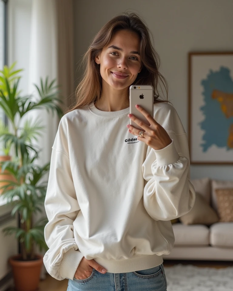 A young Caucasian woman in her twenties with slightly wavy, shoulder-length brown hair is standing in her modern bedroom. She wears a loose, comfortable cream-colored sweater and fitted black yoga pants, which show off her figure. Her hair falls naturally around her face, framing her delicate features. She holds her smartphone with one hand in front of her mirror, capturing a photo of herself. His expression is relaxed and slightly smiling, showing a feeling of comfort and relaxation. The room is modern with neutral colors, minimalist furniture, and a potted green plant in the corner. There is a large framed mirror against the wall behind her, reflecting part of the room. Natural light enters through a large window to its left, creating a bright and warm atmosphere. Details like stacked books, a soft rug, and a designer lamp add a personal touch to the scene.