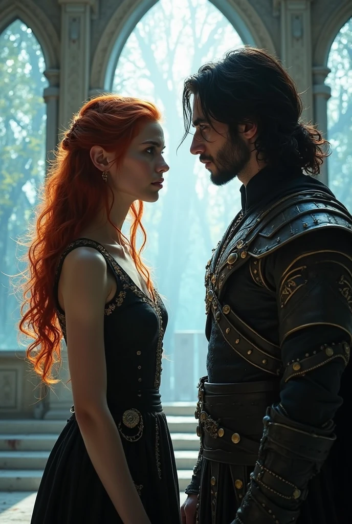 A fantasy mesmerizing portrait of a couple: a ravishing woman with cascading, fiery red locks, and ruby-red eyes, donning a majestic black doublet adorned with intricate, scarlet embroidery, and a regal man with long raven-black hair that falls like a dark cascade, and piercing black eyes that seem to bore into the soul, resplendent in an imperial doublet with gold accents, walking together through the grand, ornate gates of the palace, her injured arms and back eerily illuminated by the soft, flickering torches above, as the torrential rain pours down around them, casting a somber, mystical ambiance, with shades of crimson, gold, and midnight blue, evoking a sense of eerie, cinematic mystery, amidst the dark, wet, and mystical atmosphere of the foreboding night 