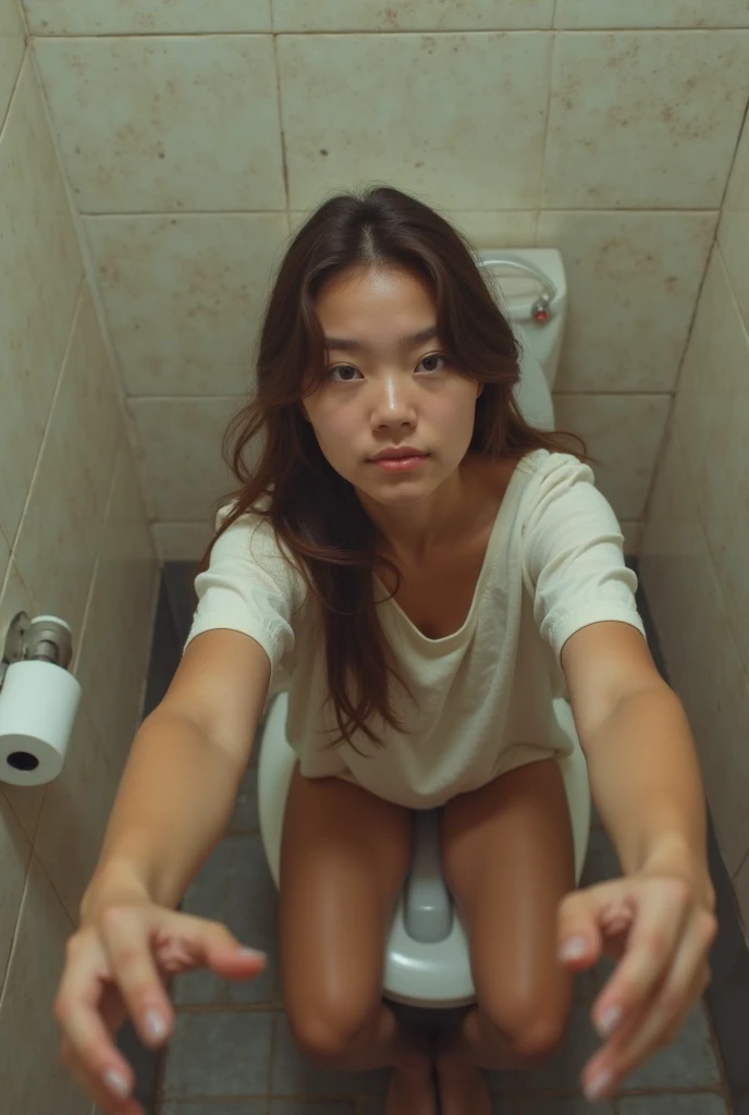 (Old public toilet)Korean actress with black hair Korean woman.Wear skinny jeans that fit your body well and a short-sleeved T-shirt that fits your body well....Stand on the toilet in the bathroom, turn around, bend at an 80 degree angle and look up..very big breasts.very big breasts.jib.((8k)).With a surprised look. Scared expression slim woman.Young woman in her 20s