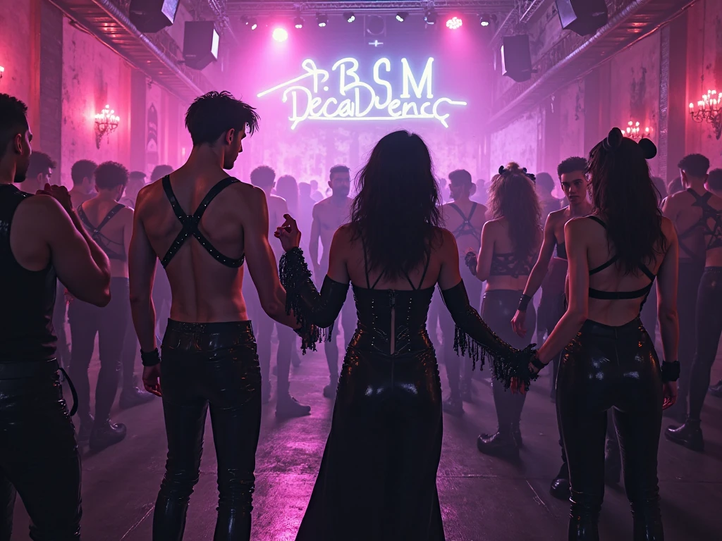 Goth style night club with Paintings of bats and castles on the walls. and Goths dancing with punk rockers and emo kids. Foggy neon lights. Industrial goth. Chains and spikes. Black metal music. Bar and dance floor.