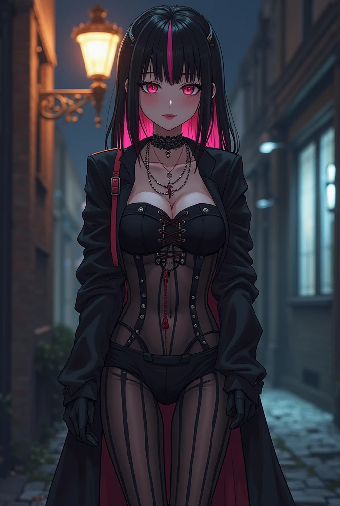 Anime mommy with black hair y2k style Tied up and messy in the front and white horns and sexy bodysuit, with red eyes And a naughty face, Also put big butterfly tattoo On one thigh and Japanese letters on the other thigh