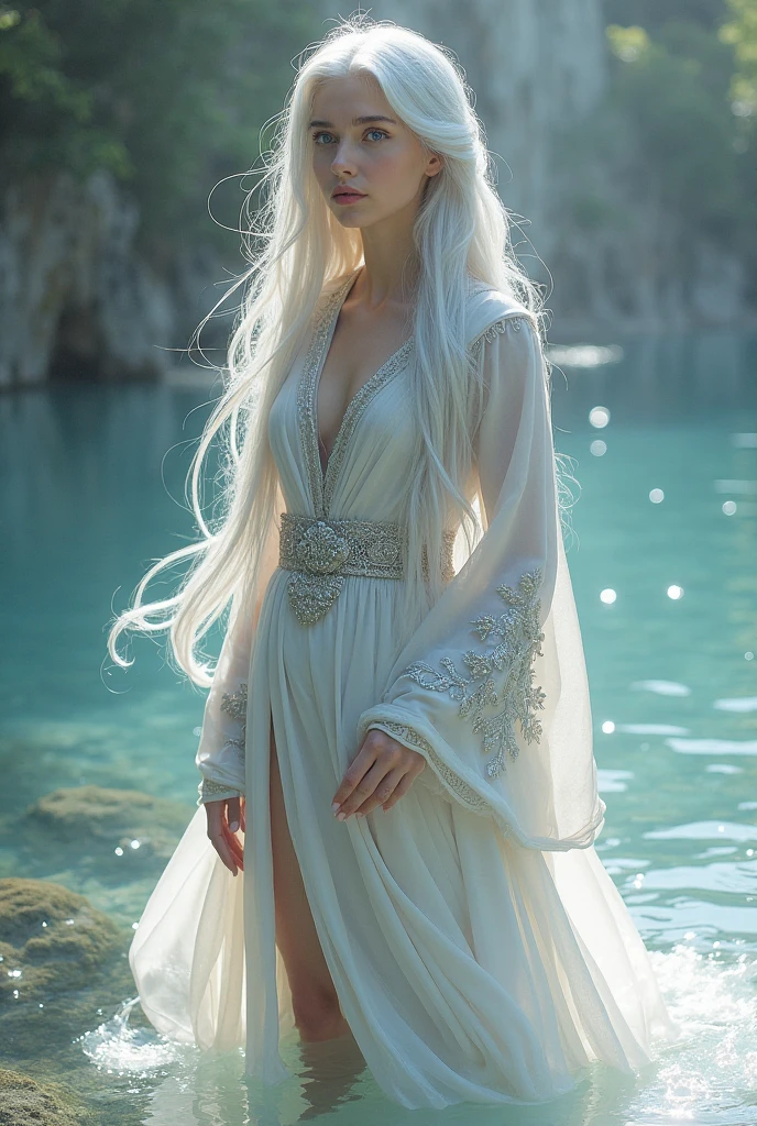 2 Panele. Akwarela, expressive 3D details. w tle zamglony las i i liście paproci. A beautiful woman with white very long hair is in a silver and white flowing robe with long flared sleeves. Stoi wśród traw i dmuchawców. W ręku trzyma dmuchawiec i spogląda na niego