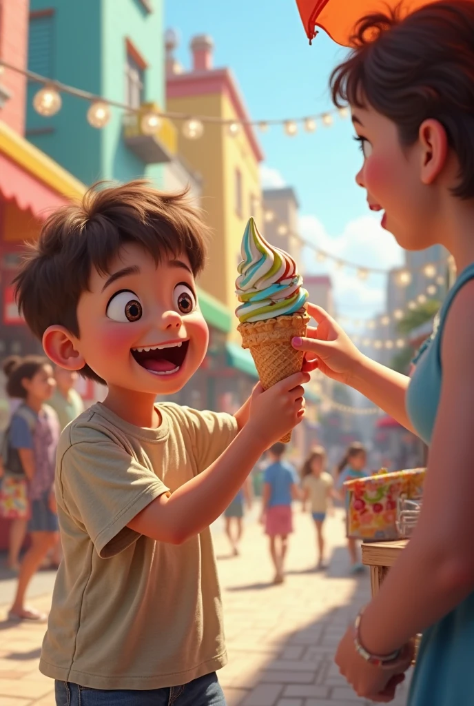 Beautiful cute girl at waterpark with father buying ice cream, (photorealism 1.0)