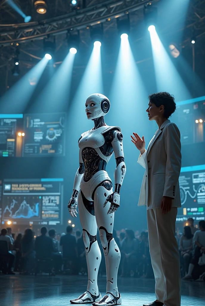 there is a woman sitting on a couch next to a robot, retro futuristic apartment, tsukasa dokite, for 1 9 7 0 s'sci - fi, oled, inspired by Robert McGinnis, chrome bob haircut, still from the movie, ffffound, cinemascope panorama, musk ( 2 0 2 4 ), 2045, view is centered on the robot --auto --s2