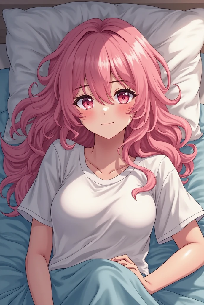 elysia, long pink hair, beautiful face,smiling,close up to hips, moderate breast, sleeping on beds, wearing beautiful white pajamas, (open mouth:0.4),illustration,detailed textures(realists),ultra-detailed,portrait style,vivid colors,soft lighting, blushing, mature, no bras, hair fluttering, bewitching expression