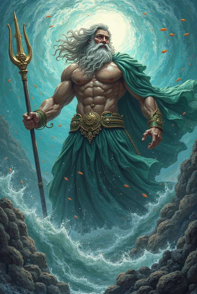 Greek God Poseidon above the ocean waters wearing a blue robe and holding his trident