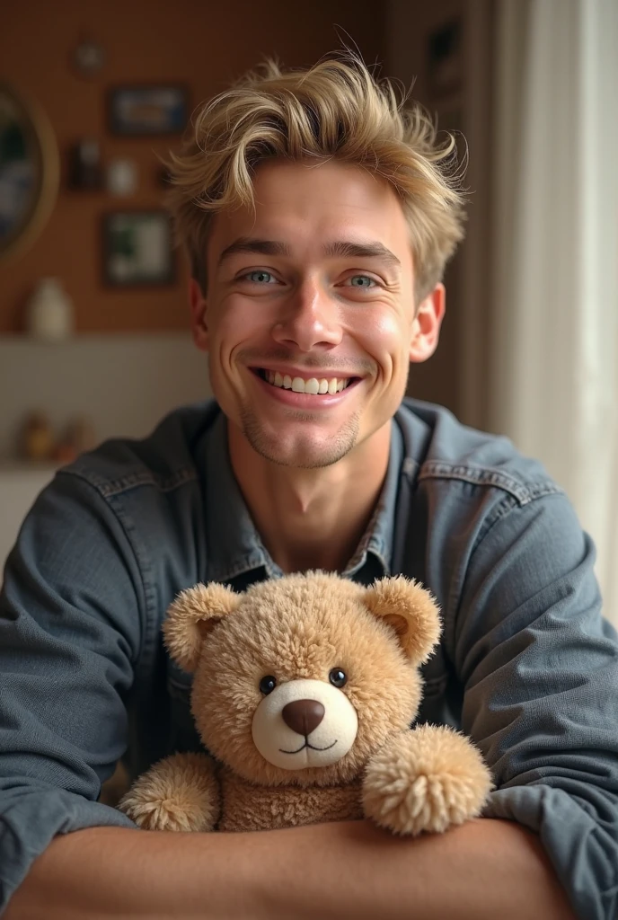 Shirtless guy with flat, defined abs, holding a teddy bear, blonde curly hair, White skin color.