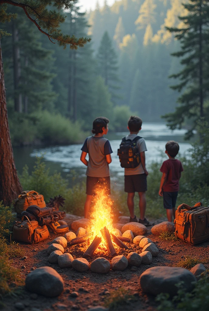 In the middle of the night, in the dense big forest, there is a cute little girl camping with her mother in a tent with a lot of picnic utensils, a lot of smoke and sparkling fireflies around, and a few squirrels in the trees watching the family. It is required to paint in a realistic style, highlighting as many details as possible. --auto --s2