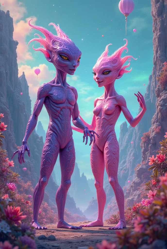There are two alien people(soft human features) with horns and body paint, alien man with alien woman, zbrush contest winner, jessica rossier e brian froud, alien hybrids, female humanoid creature, saurians, Sylvain Sarrailh e Igor Morski, hyperdetailed fantasy character, concept creature character art, zbrush central contest winner, ancient humanoid beings, full body on show, strong and anatomically perfect bodies, white  hair