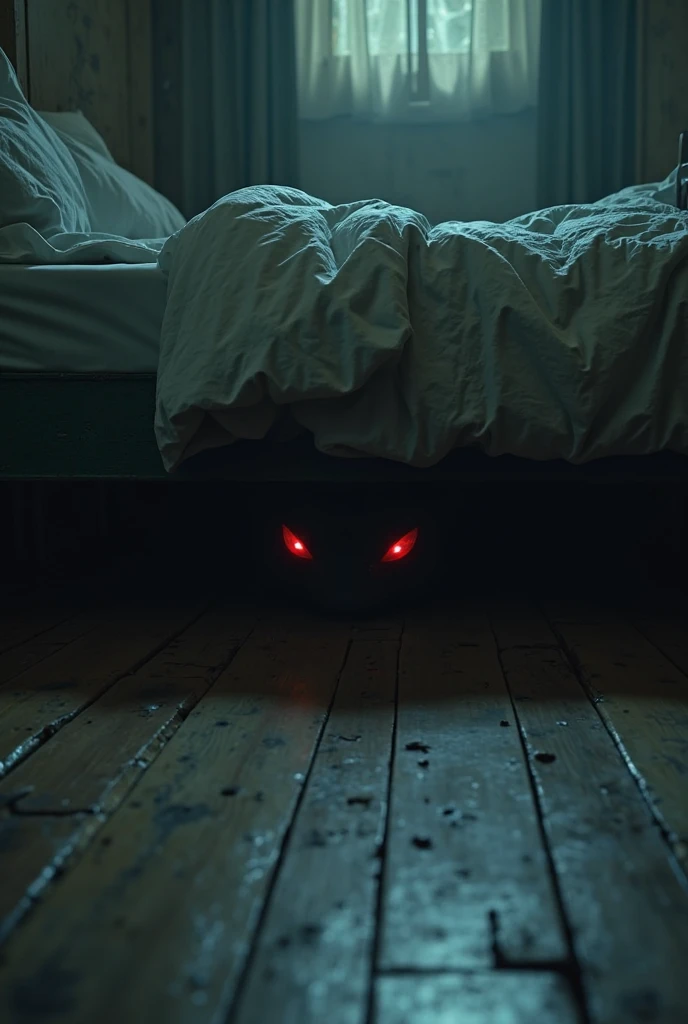 photorealistic, best quality,highest details,night,dark theme, glowing monster eyes ,looking out from under the bed ,realistic light,8k, HDR