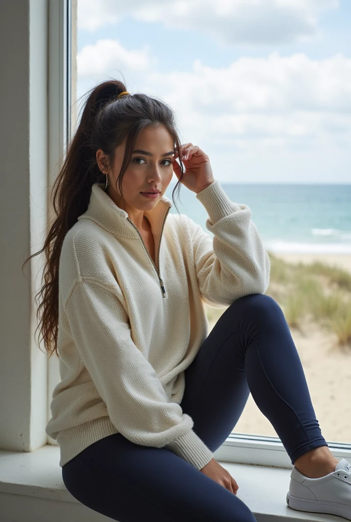 A beautiful 28 Yrs Old Mexican Hispanic Latina female, young, white skin tone, black hair. Eye Color is Brown, Busty, Curvy, standing, posing, wearing a cozy sweater with pockets, leggings, and a scarf, Lakeside Pier at Sunrise setting, day time, photorealistic, alone, very detailed, hide her hands in her pockets, hands in sweater pocket, selfie shot
