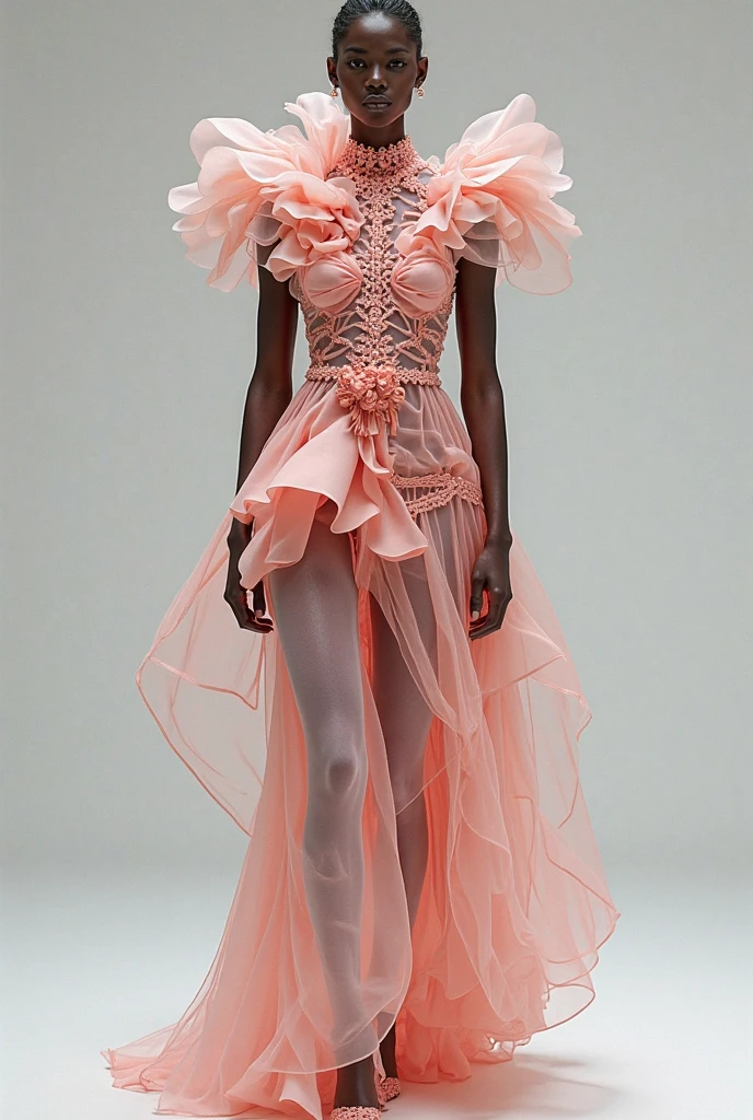 create the dark man, tall and slim, narigudo, chinless wearing a pink dress from Sx