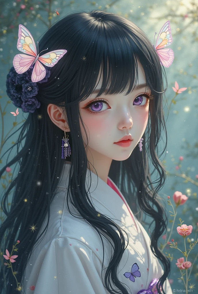 ((Best Quality)), ((Masterpiece)), (Detail: 1.4), 3D, Beautiful Cyberpunk Female Image, HDR (High Dynamic Range), Ray Tracing, NVIDIA RTX, Super Resolution, Unreal 5, Subsurface Scattering, PBR Texture, Post-Processing, Anisotropic Filtering, Depth of Field, Maximum Sharpness and Sharpness, Multi-layer Texture, Albedo and Highlight Mapping, Surface Coloring, Mitsu-Accurate Simulation of Material Interactions, Perfect Proportions, Octane Rendering, Two-color Light, Large Aperture, Low ISO, white balance, regular three-point, 8K RAW, beautiful bright pupils, flowing robe, fine pupils, delicate face and eyes, long eyelashes, blush, fluffy hair, pink lips, pure, cute, cherry blossom petals falling, butterfly