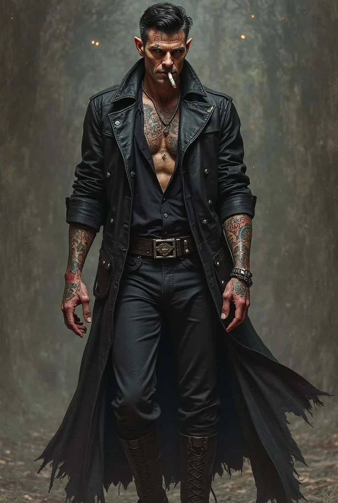 A tall man in black boots with an Aryan nose and a crown tattoo on his neck