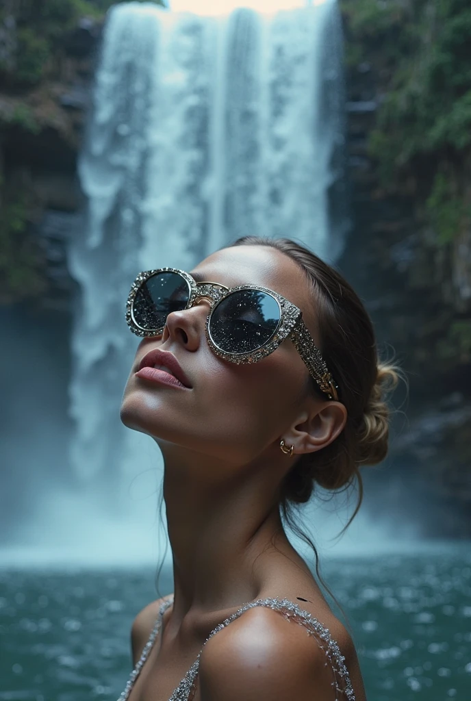 A long cinematic shot shows a beautiful girl wearing dark glasses, with long wavy white hair, lying on her back in front of a high mountain waterfall, dynamic movement, in a satin swimsuit, full-length aesthetic of a woman's body, surrounded by various spring flowers,
