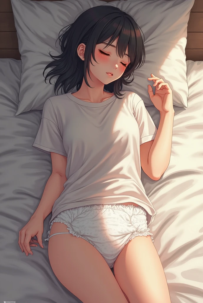 {{masterpiece}}, {{{Highest quality}}},{{Very detailed}},Woman taking a nap,siesta,pleasant sleep,{{A woman happily and comfortably sleeping in her own bed in her own room:1.8}},dolphin shorts,Loose-fitting short-sleeved T-shirt