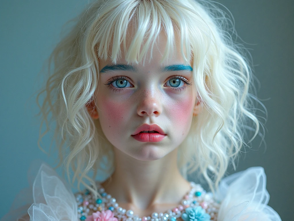 irish precious albino girl sleepy in cornfield with cottoncandy jellyfishes, nighttime, fireflies, closeup, cottoncandy, style of sally mann in color