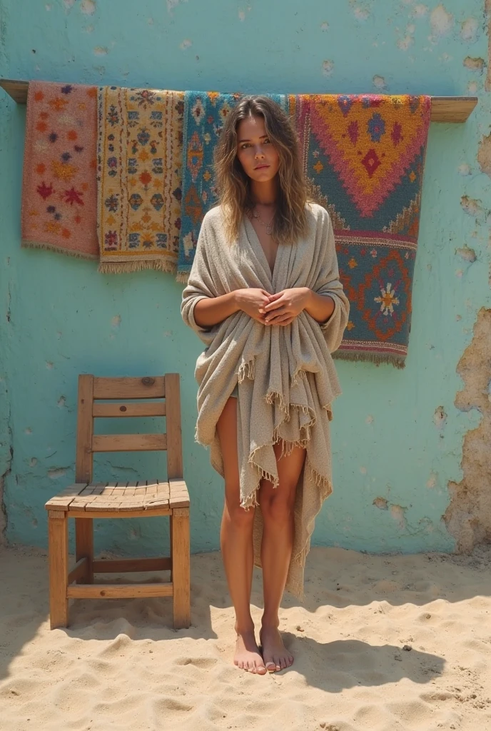 light blonde small face long hair girl wearing blue sexy dress in the desert