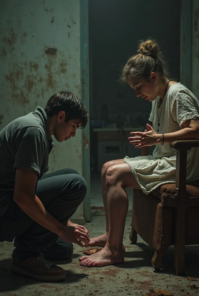 man crouching with his hand outstretched being helped by a woman, imagem alta qualidade, efeito 3D, cinematic photographic quality, excellent lighting, estilo cartoon