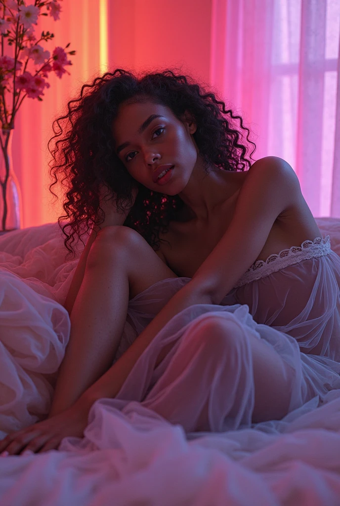 Teenage dark-skinned e-girl With burgundy transparent nightgown
