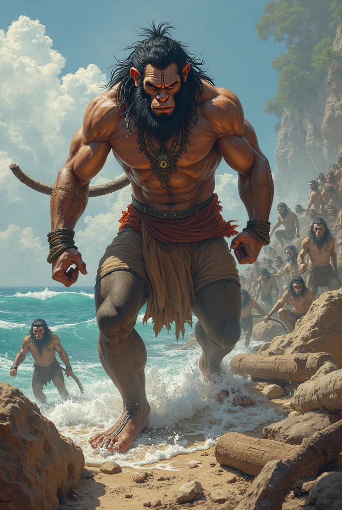 In cenamatic 3d cartoon style "Hanuman building a bridge across the ocean with rocks, assisting the army of Lord Rama with a look of dedication.