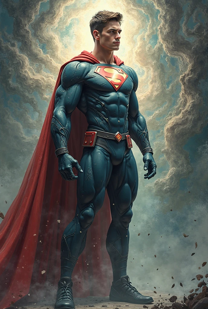 Young 25-year-old boy with glasses, short hair and beard defined body detailed using Super Man cosplay