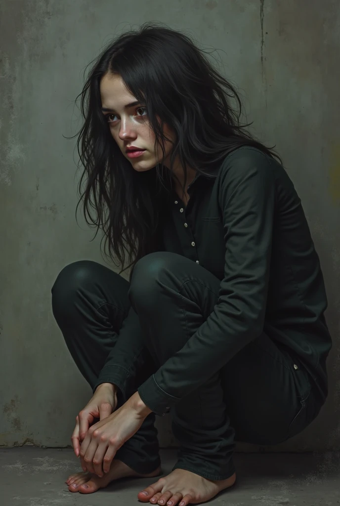 A super realistic photo of one slender business goth lady, model-like appearance with long hair. She is dressed in a long and black and ripped business pencil skirt made from cotton fabric, black and muddy and torn business jacket made from cotton and wool fabric. black business vest, white muddy shirt, stockings, black choker on the neck. She located in very muddy and very flooded office. She sitting in flirtatious and modest pose, deep in the water and liquid mud, dips her head in the liquid mud and ripped her clothes, smear a lot of liquid mud on own clothes and torn it by hand. She keep chunks of her torn clothes in hands crumpled and muddy. All her clothes is muddy, torn, ripped and sloppy, her black business pencil skirt and jacket are very stained in a liquid mud and dirt. She look like have played in mud in a large swamp with brown liquid mud, her clothes covered with liquid mud from head to toe. The studio light brilliantly illuminates all her clothes in details, casting small shadows and emphasizing the texture of the mud on her clothes. Please focus on stains of liquid mud on her clothes. View angle of the camera from top and left from the business lady.
