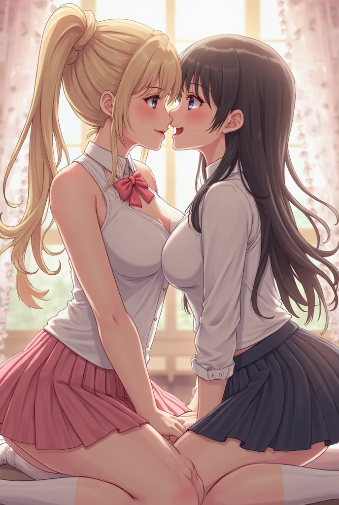 long_hair, blonde_hair,blue_eyes,medium breasts <lora:Ðлиза коÑолева Ñо ÑкалÑпелем(long_hair, blonde_hair,blue_eyes,medium breasts(Ñм одеждÑ):0.8>pink_skirt, ponytail, nurse_outfit, indoor <lora:Iselestia_style:0.3>, ((2girls)) in full growth, best quality, masterpiece, ultra-detailed, high quality, (no panties), no bra, yuri sex, lesbi, lesbi kiss, (lovers, yuri, lesbians, female couple: 1.2),kissing, hugging, girls caressing each other, kissing breasts, whore, seduction pose, lesbian, ((lesbian sex)), against will, (((masterpiece))), (((best quality))), (((illustration))), (((finely detail))), ((extremely detailed cg unity 8k wallpaper, highres)), (beautiful detailed face and eyes and hair:1.1), (an extremely delicate and beautiful girl:1.2), ultra-detailed, ultra high res, high quality, 4K, extreamly delicate and beautiful, full_body, standing, in full growth, hourglass waist