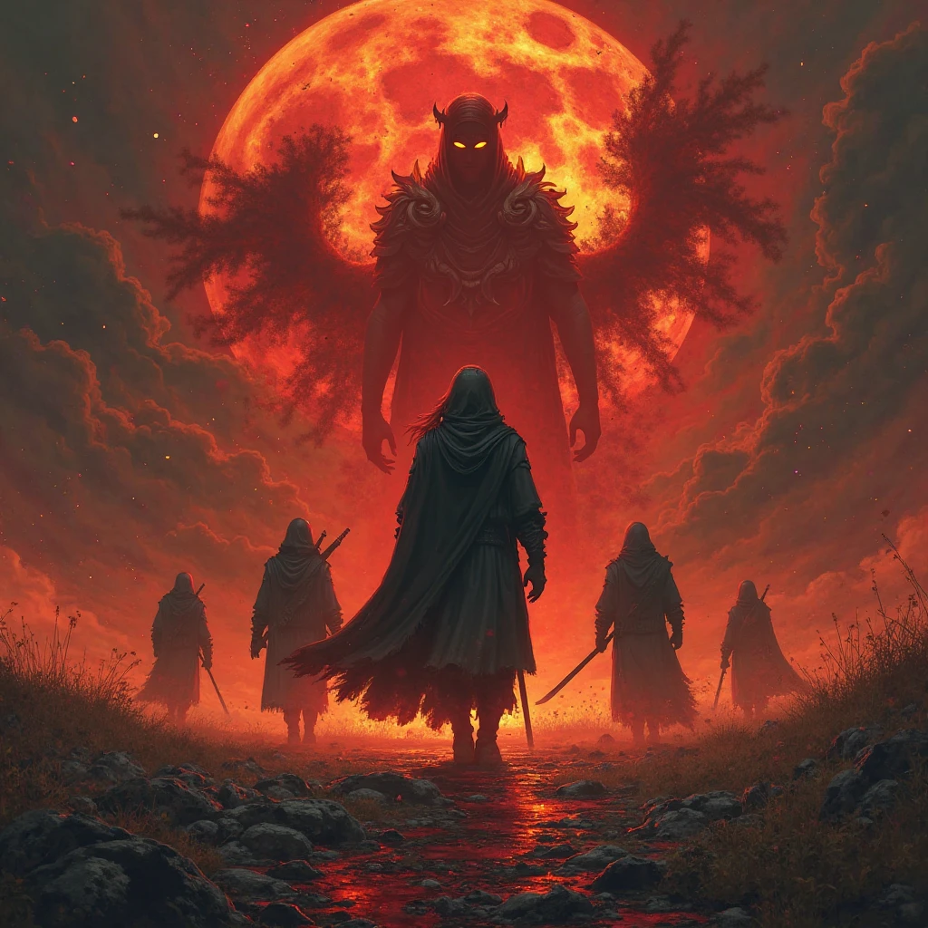 mage killer group at the dark fantasy world, two dark siluette figures, red contour light, mostly shadow and darkness