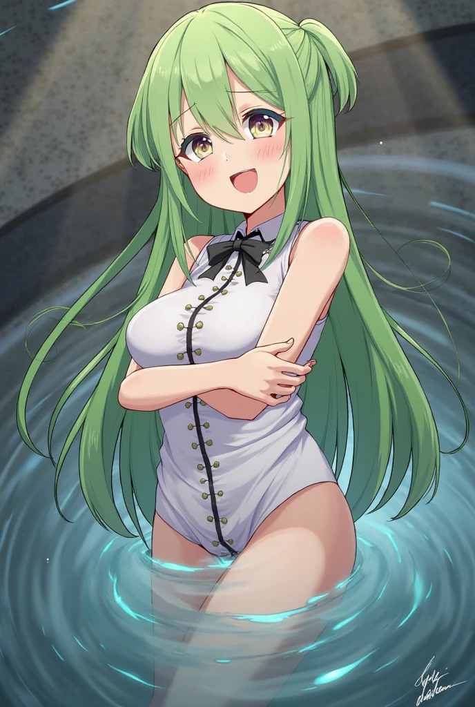 1boy and 1girl, Angle from the front、close up
breasts, Angle from below, The girl bends forward to show off her breasts、(shiny White skin:1.6)、Squint eyes, ((Narrowing his eyes and grinning with a devilish smile)), (5 years old girl), (Shiny green hair)、 (ponytail)、(forehead)、(wavy hair), Small breasts, ((Red bikini armor))、((In the bath))、((handjob)), 1penis, under hair, scrotum、((eject cum)), (cum to breasts)、((Amazon Position)), (The boy has his legs open)、(The girl rapes the boy),