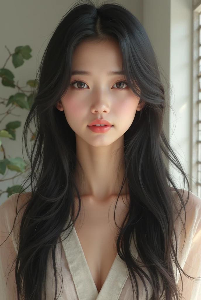 ((Masterpiece Real Photos 8K Wallpaper))(( Full-length or half-length portrait))I want to create the woman I desire.She is about 2. Height 168 cm.She has long, straight, black hair that reaches her waist..She is a young Chinese woman with a figure in line with the golden proportions of the human body, exquisite facial features, and a healthy complexion.. I want her to be like Mona Lisa.Always with a mysterious smile on his face.And looked at me with loving eyes.